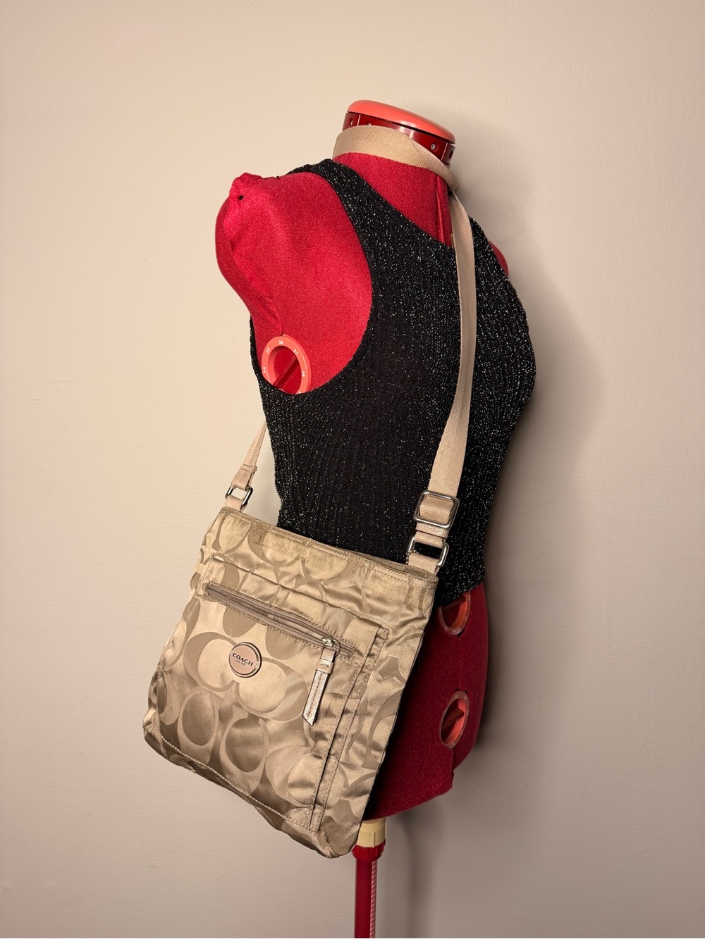 Coach Signature Getaway Nylon File Bag in a taupe beige color